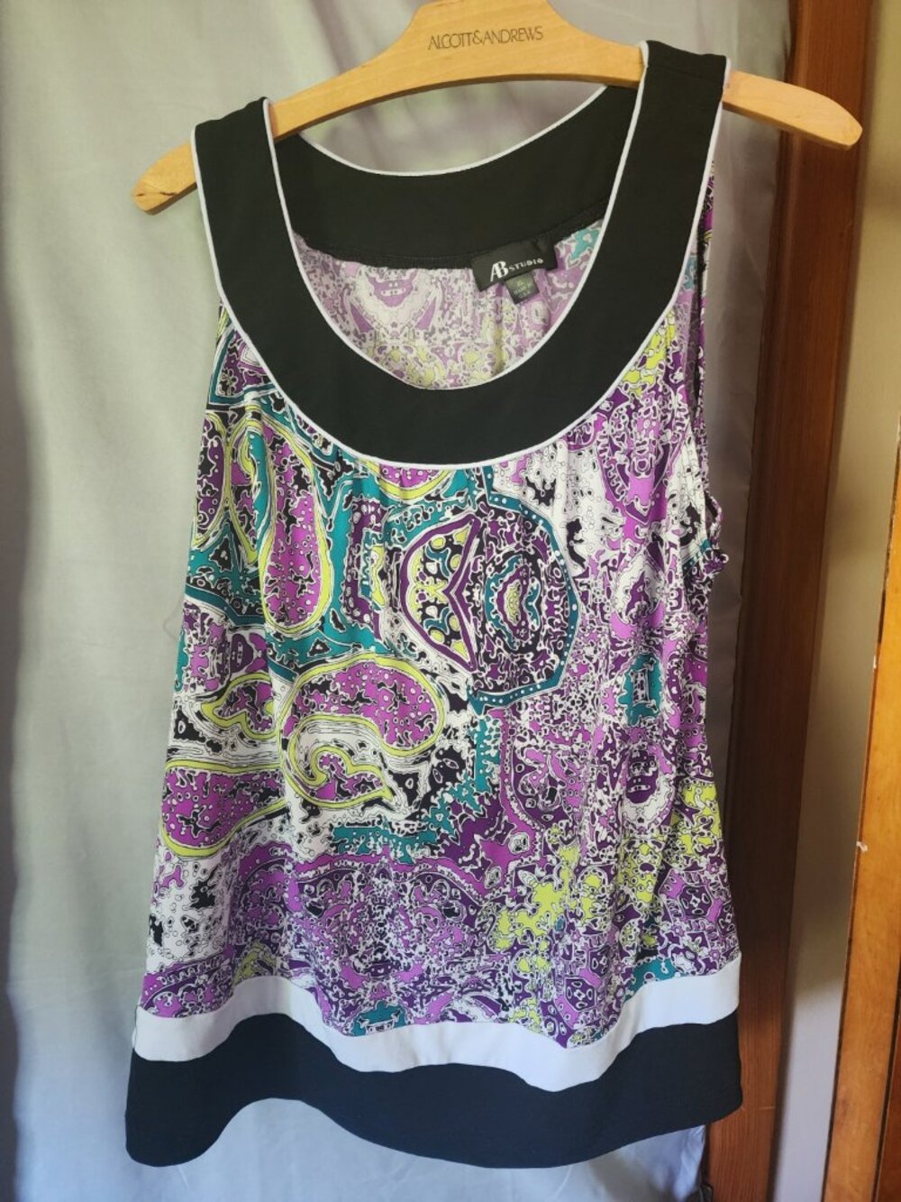 AB Studio XL Paisley Sleeveless Tunic Top Black Purple Teal Made in USA